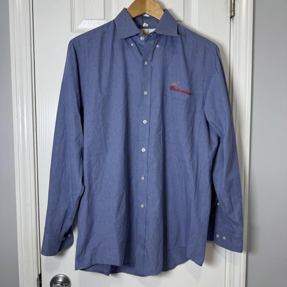 Budweiser Beer‎ Button Up Shirt Large LS Medium Buttons Blue Plaid